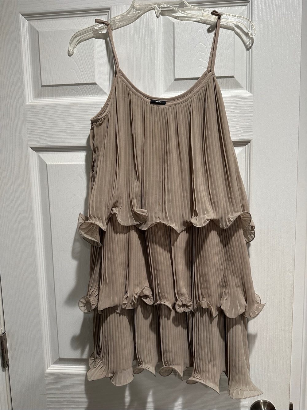 H&M Layered Pleated Spaghetti-Strap Mini Dress in Taupe
